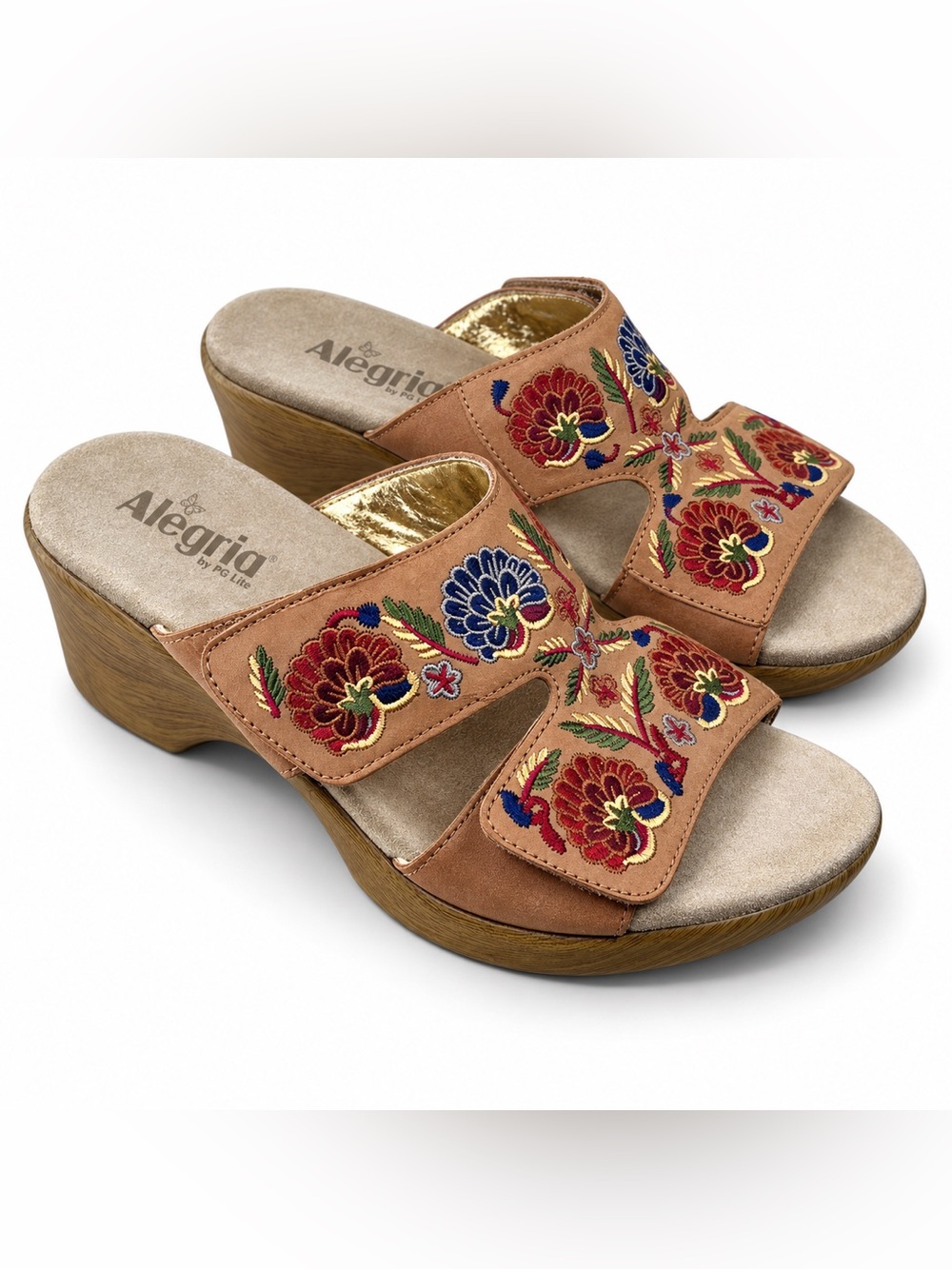 Alegria Linn Sandals Womens Size 6 Tan Floral Embroidered Leather Wedge Slides